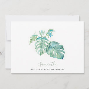 Tarjeta Festiva Acuarela Monstera deja naipes Groomswoman
