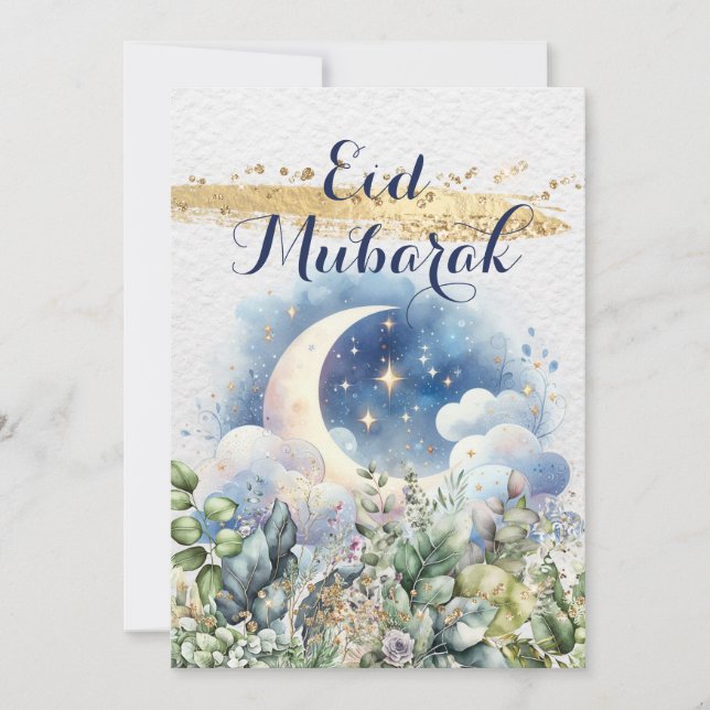 Tarjeta Festiva Acuarela Moon Eid Mubarak Acento dorado vertical (Anverso)