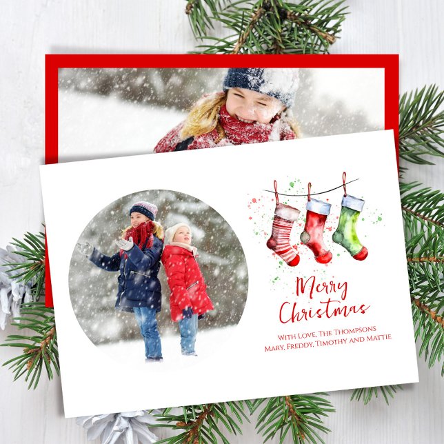 Tarjeta Festiva Acuarela navideña de moras 2 foto (Merry Christmas holiday photo card with whimsical watercolor stockings. )