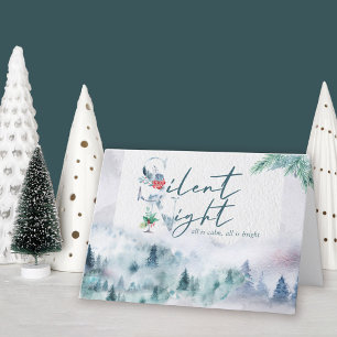 Tarjeta Festiva Acuarela Noche Silenciosa Bosque de Pino Misty
