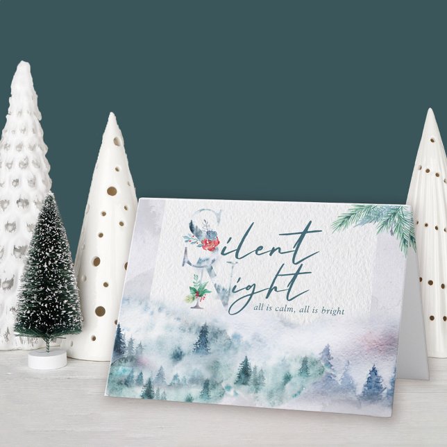 Tarjeta Festiva Acuarela Noche Silenciosa Bosque de Pino Misty (Silent Night holiday card available professionally printed or as printable digital download)