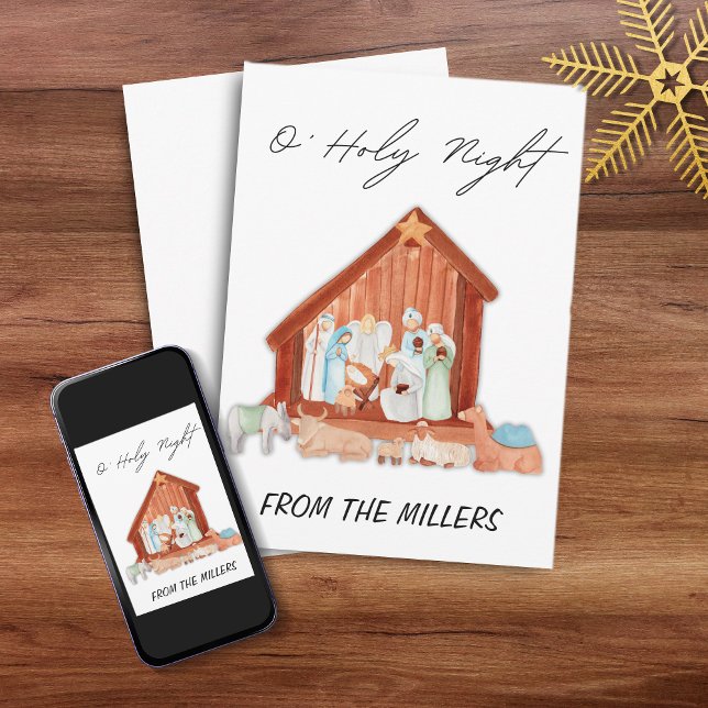 Tarjeta Festiva Acuarela O' Natividad de Noche Santa No foto (Watercolor O' Holy Night Nativity Non-photo Holiday Card)