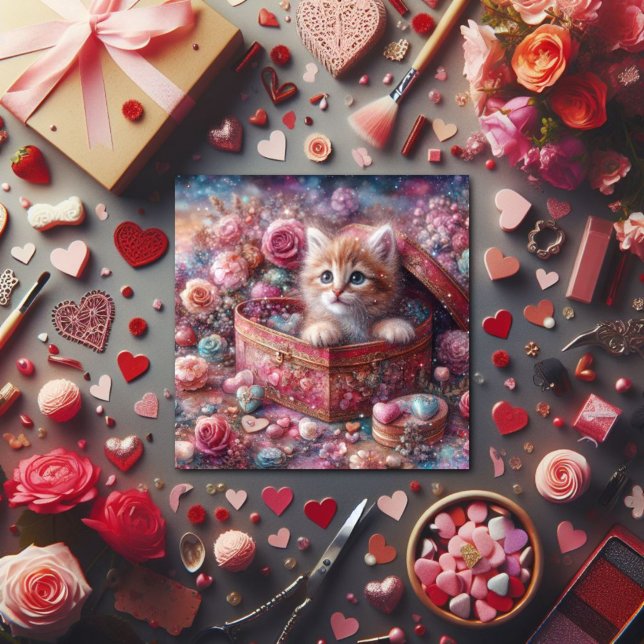 Tarjeta Festiva Acuarela Pastel Kitten Heart Candy Valentine (Subido por el creador)