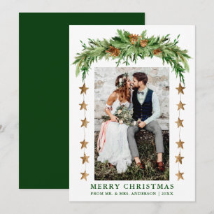 Tarjeta Festiva Acuarela Pines Boho Navidades Green recién casados