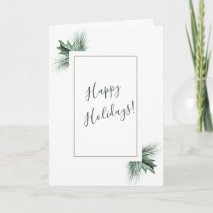 Tarjeta Festiva Acuarela Pino y Acebo Verde de Invierno