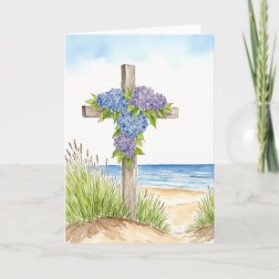 Tarjeta Festiva Acuarela religiosa de cruz de hortensias en Pascua