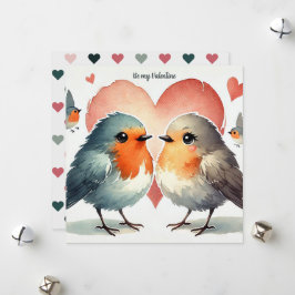 Tarjeta Festiva Acuarela Robin Hearts de "Be My Valentine"