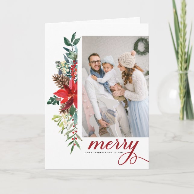 Tarjeta Festiva Acuarela Rusa Poinsettia Merry Christmas Photo (Anverso)