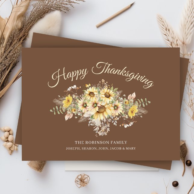 Tarjeta Festiva Acuarela Rusa Sunflowers Feliz Día de Acción de Gr (rustic happy thanksgiving card with watercolor flowers and personalized family name or business)