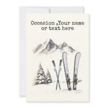 Acuarela Rústica Esquí Nieve Árbol Montaña Inviern