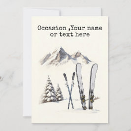 Tarjeta Festiva Acuarela Rústica Montaña Árbol Nieve Esquí Inviern