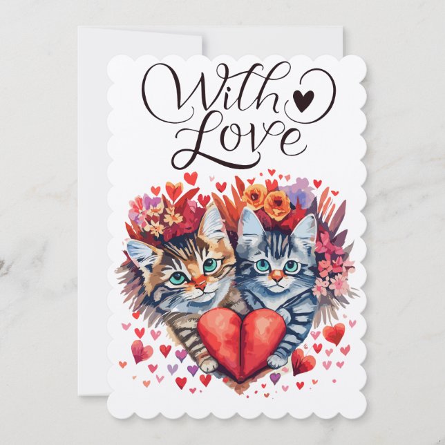 Tarjeta Festiva Acuarela San Valentín gatos con amor (Anverso)