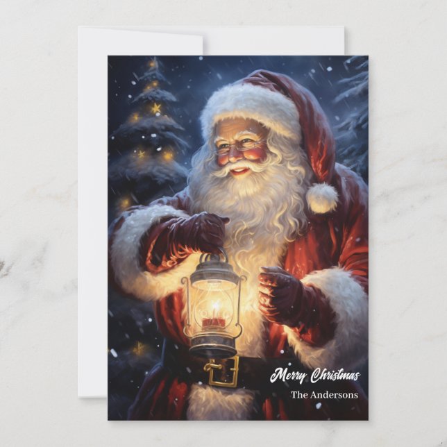 Tarjeta Festiva Acuarela Santa Claus con linterna de Navidades (Anverso)