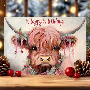 Tarjeta Festiva Acuarela Vaca de las Tierras Altas Felices Fiestas