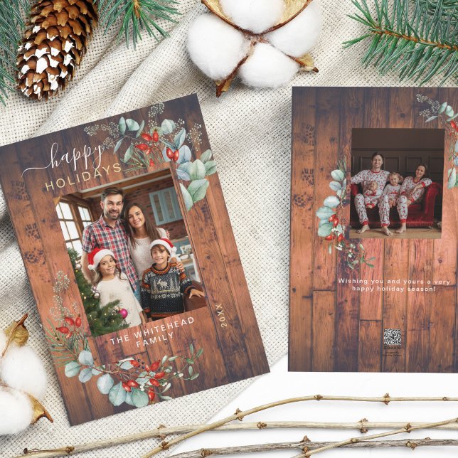 Tarjeta Festiva Acuarela, vegetación botánica, foto de madera rúst (You will love these beautiful Christmas cards! They feature botanical watercolor pine and berries.)