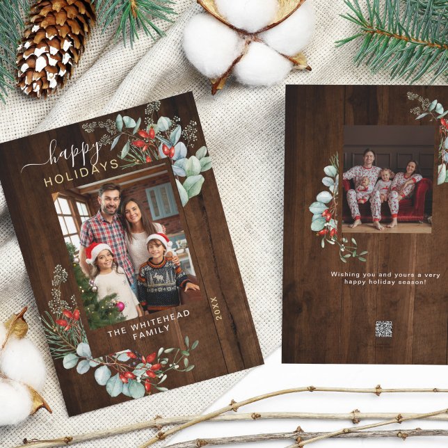 Tarjeta Festiva Acuarela Vegetación Botánica Foto Madera Rústica (You will love these beautiful Christmas cards! They feature botanical watercolor pine and berries.)