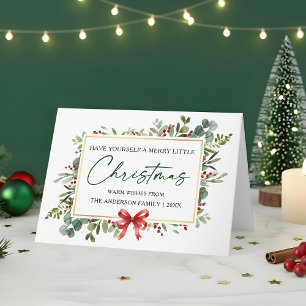 Tarjeta Festiva Acuarela Vegetación Caligrafía Tinta Lazo Rojo Dob