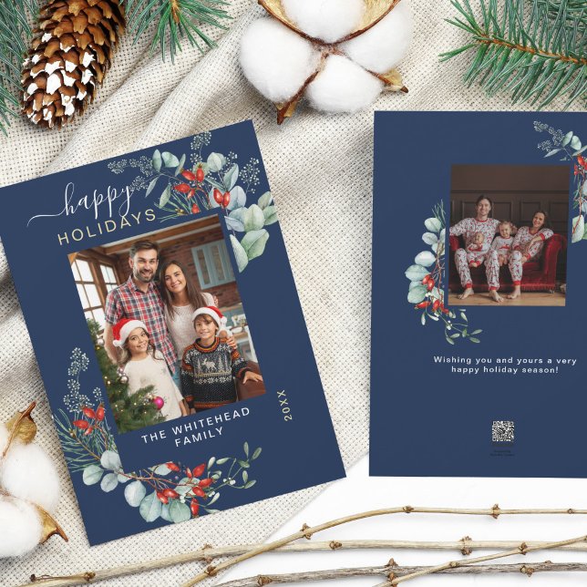 Tarjeta Festiva Acuarela Verde Botánico Foto Marina Azul (You will love these beautiful Christmas cards! They feature botanical watercolor pine and berries.)