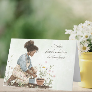 Tarjeta Festiva Acuarela Verde Mamá Plantando una Semilla Día de l