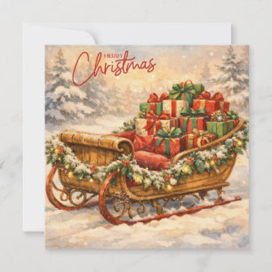 Tarjeta Festiva Acuarela Vintage Santa Claus Trineo, Regalos 