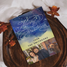 Tarjeta Festiva acuarela y caligrafía Personalizado azul 2 fotos