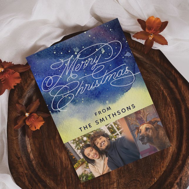 Tarjeta Festiva acuarela y caligrafía Personalizado azul 2 fotos (Subido por el creador)