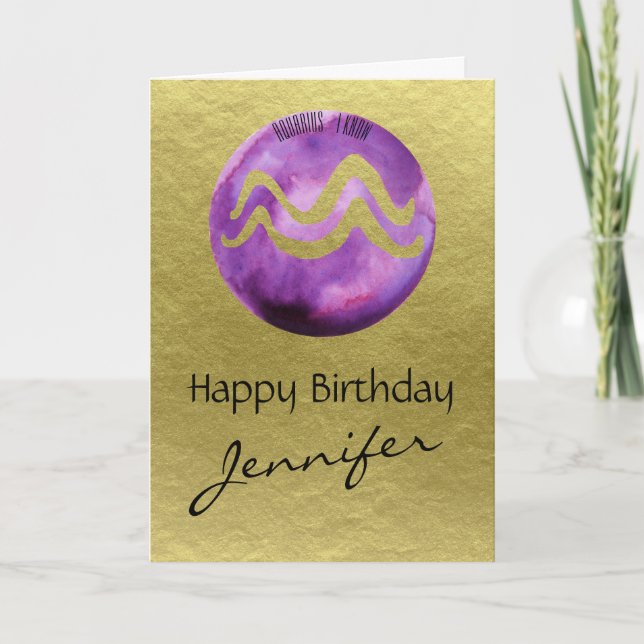 Tarjeta Festiva Acuario de Rótulo zodiaco morado sobre fondo de or (Anverso)
