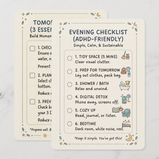 Tarjeta Festiva ADHD Evening Routine Checklist Simple Calming Card (Anverso / Reverso)
