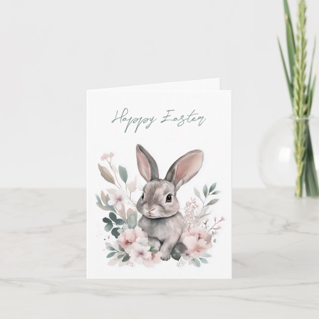 Tarjeta Festiva Adorable acuarela Bunny Spring Floral Easter (Anverso)