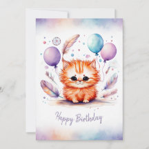 Adorable Acuarela Gatito Rojo Feliz Cumpleaños