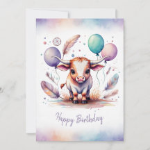 Adorable Acuarela Texas Longhorn Feliz Cumpleaños