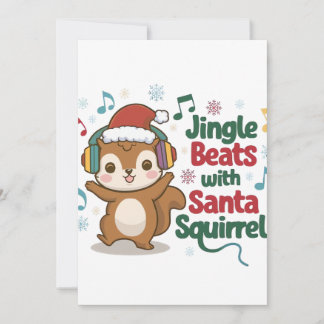 Tarjeta Festiva Adorable Ardilla con Gorro de Santa y Auriculares 