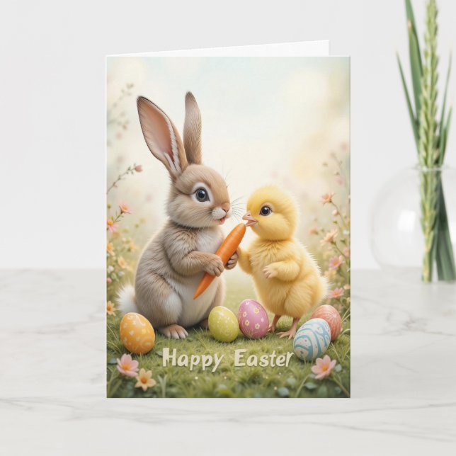 Tarjeta Festiva Adorable Bunny and Chick Easter (Anverso)