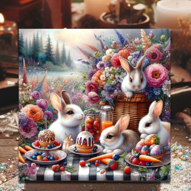 Tarjeta Festiva Adorable Bunny Easter Picnic Brunch Woodland (Subido por el creador)