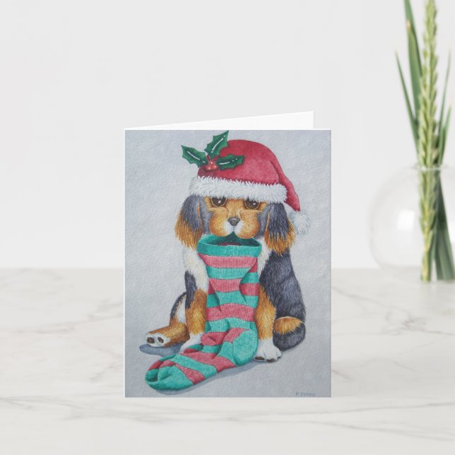 Tarjeta Festiva adorable cachorro negro y marrón con navidades de  (Anverso)