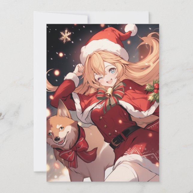 Tarjeta Festiva Adorable Chica de Santa Anime y Navidades Perro Sh (Anverso)