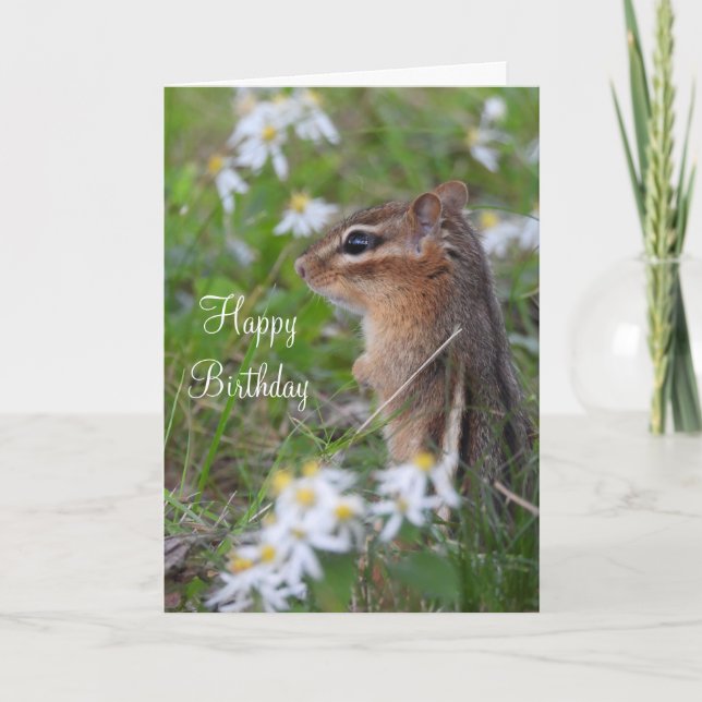 Tarjeta Festiva Adorable Chipmunk en las flores Cumpleaños (Anverso)