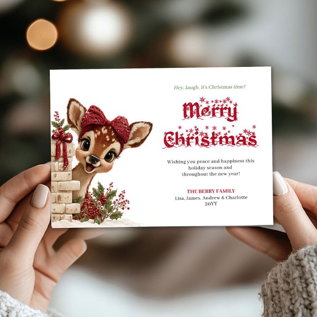 Tarjeta Festiva Adorable Christmas kids card with peeking reindeer (Celebrate the magic of the holidays with this adorable kids Christmas greeting card featuring a char)