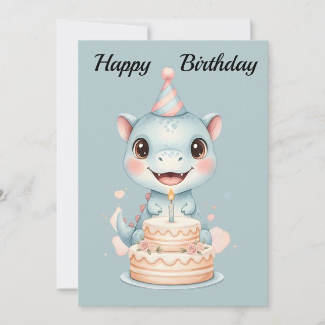 Tarjeta Festiva Adorable Cute Baby Blue Dinosaur Birthday Card (Anverso)