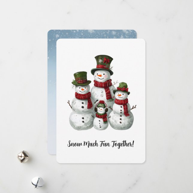 Tarjeta Festiva Adorable Familia de Muñecos de Nieve con Sombreros (Anverso/Reverso In Situ)