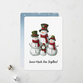 Tarjeta Festiva Adorable Familia de Muñecos de Nieve con Sombreros