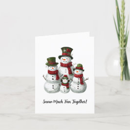 Tarjeta Festiva Adorable familia Snowman en Gorras y bufandas de j