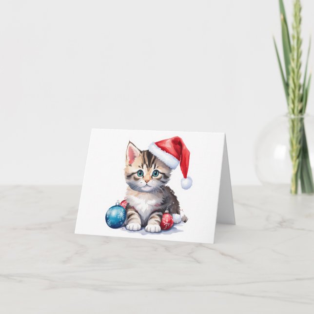Tarjeta Festiva Adorable gatito gris y blanco de Santa BLANK (Anverso)