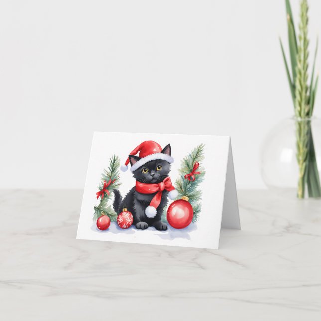 Tarjeta Festiva Adorable gatito negro de Santa con bolas de Navida (Anverso)