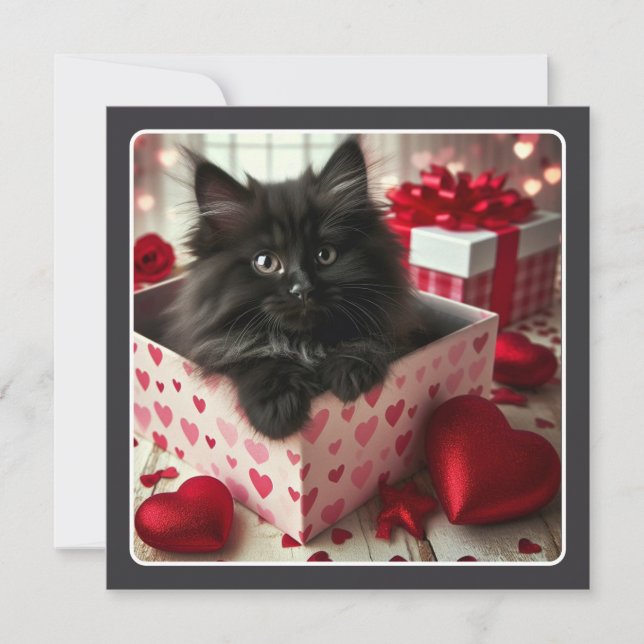 Tarjeta Festiva Adorable Gatito Negro en Caja Graciosa San Valentí (Anverso)