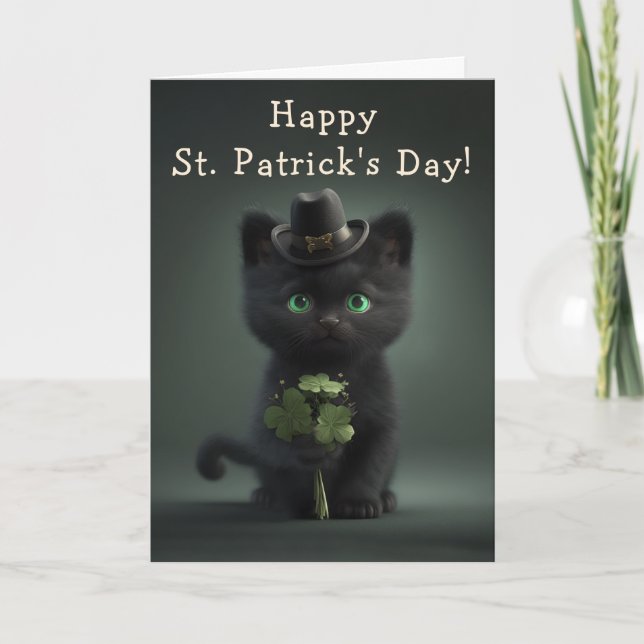 Tarjeta Festiva Adorable Gatito Negro en el Día de San Patricio (Anverso)