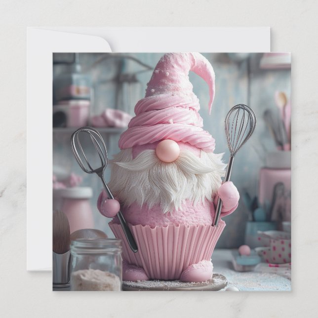Tarjeta Festiva Adorable Gnome De Hormigón Rosa (Anverso)