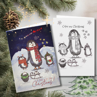 Tarjeta Festiva Adorable Hand Drawn Penguin Family Christmas Card