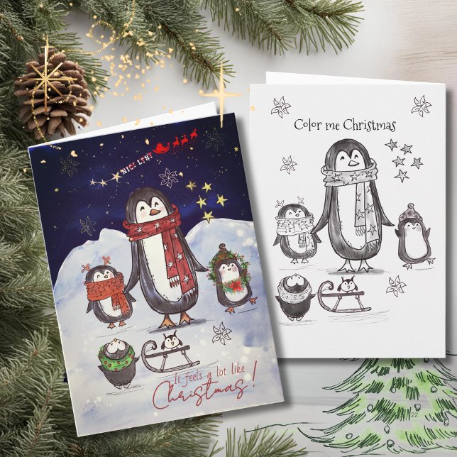Tarjeta Festiva Adorable Hand Drawn Penguin Family Christmas Card (Adorable Hand Drawn Penguin Family Christmas Card)