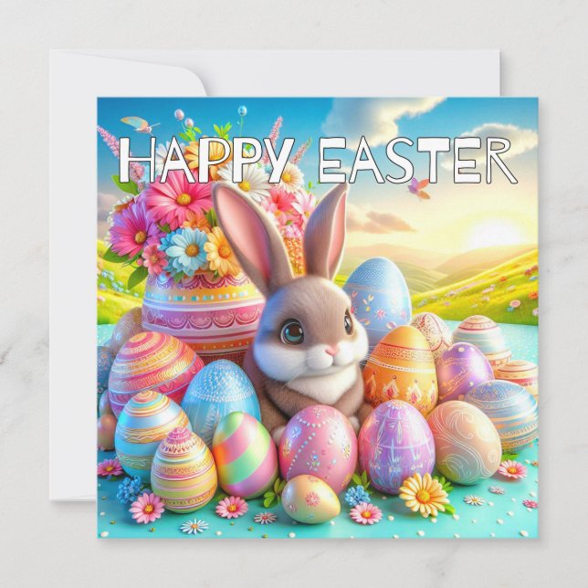 Tarjeta Festiva Adorable Happy Easter Bunny Rabbit (Anverso)